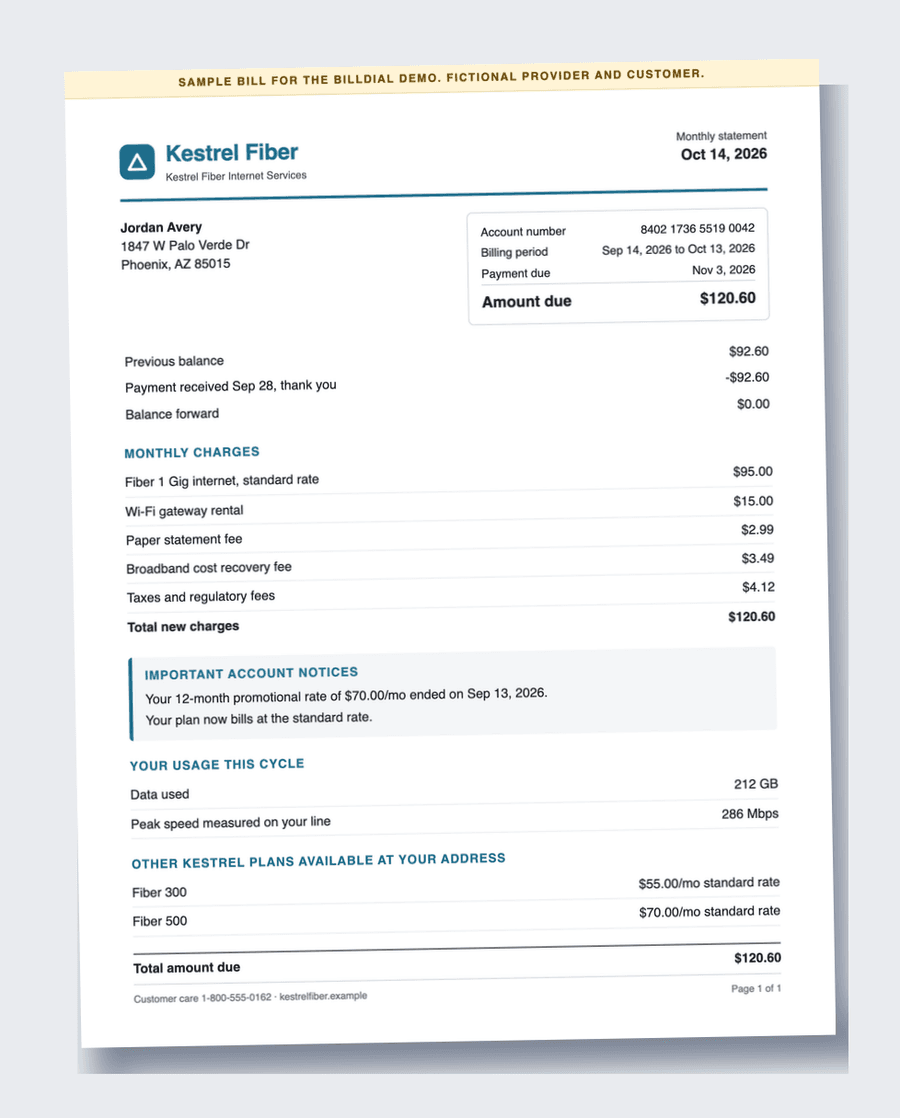Sample internet bill from a fictional provider
