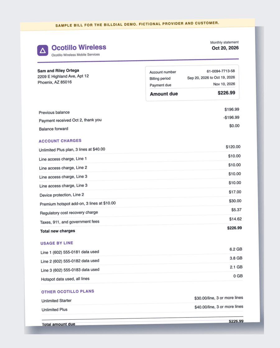 Sample phone bill from a fictional provider