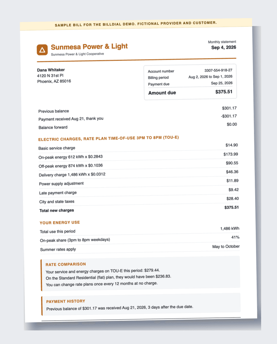 Sample power bill from a fictional provider